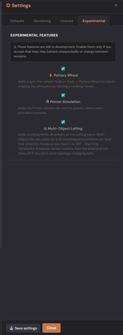 Settings — Experimental