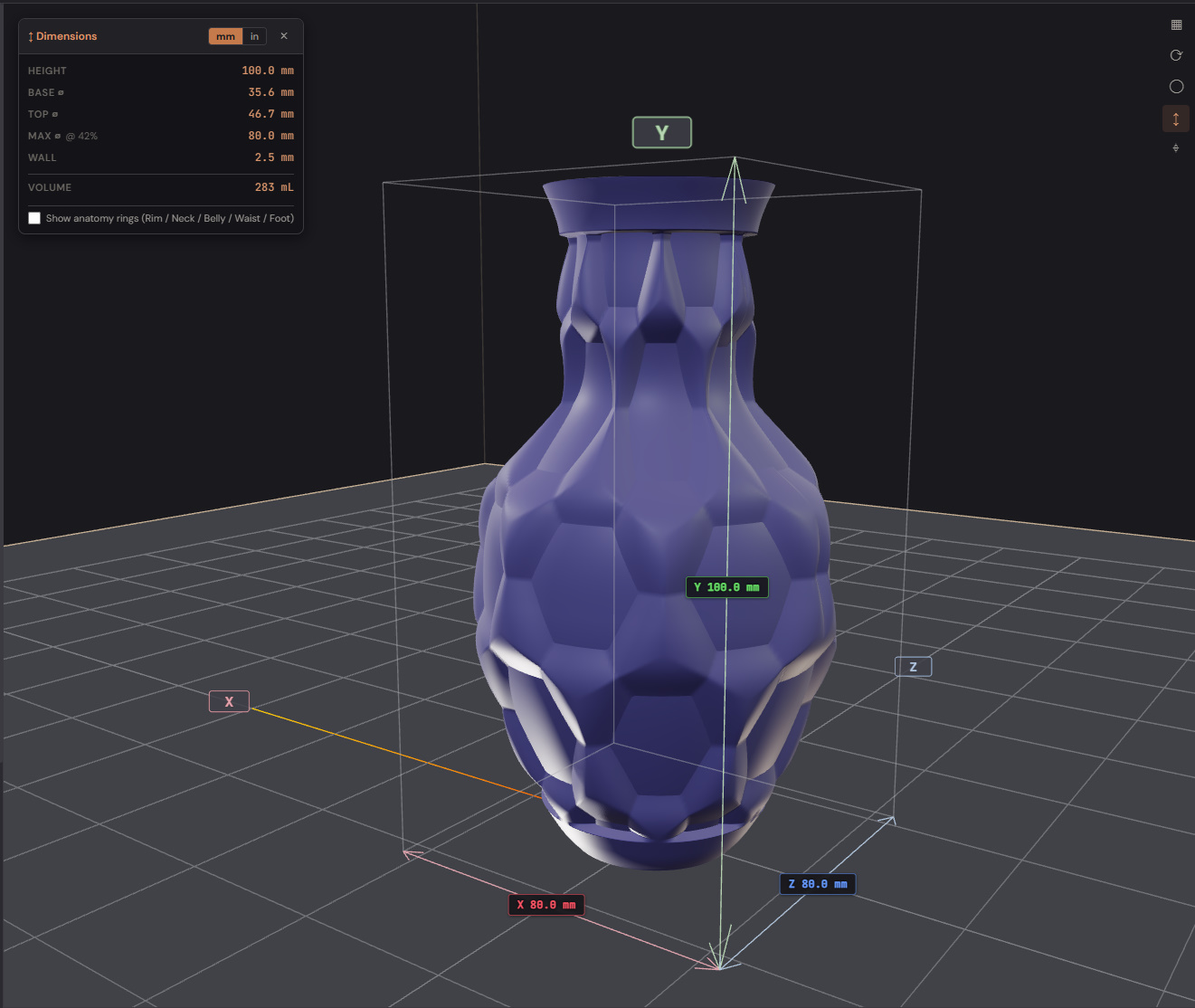 Dimensions overlay — anatomy rings + bounding cage
