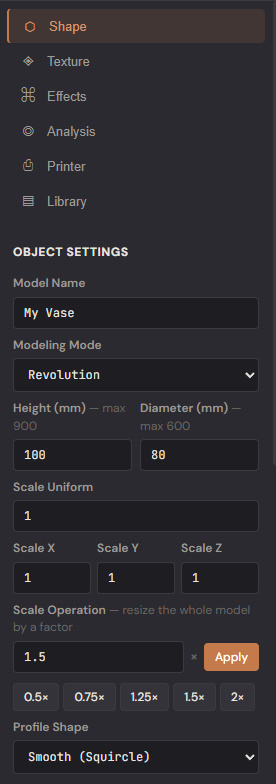 Shape tab — Object Settings