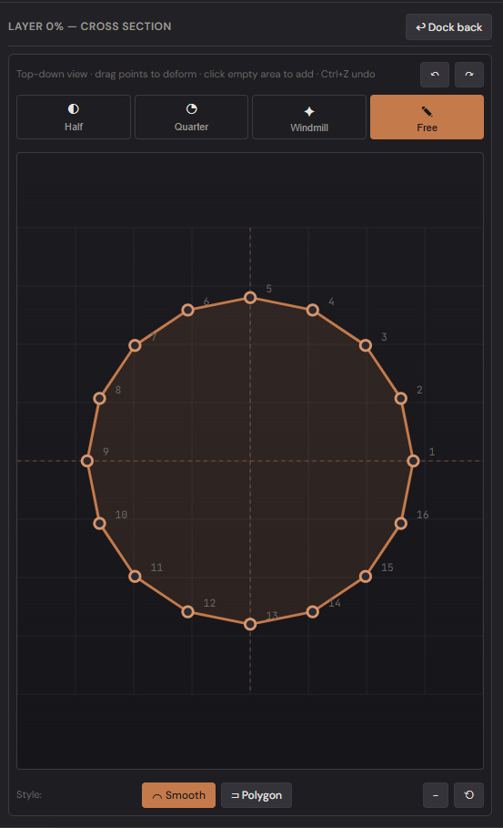 Cross-section editor docked next to the viewport
